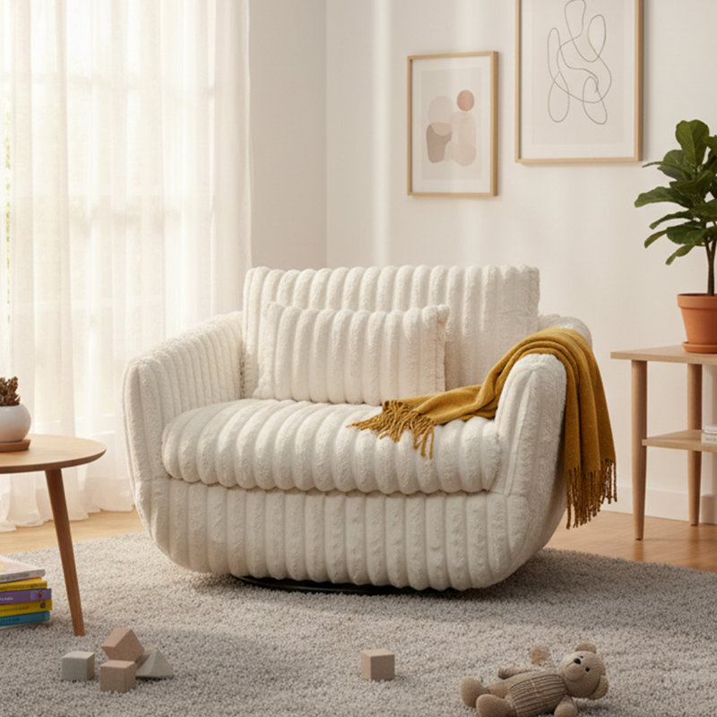 Fauteuil pivotant moelleux de 43,3 po de couleur crème - Siège confortable pour le salon, la chambre à coucher et les coins de lecture