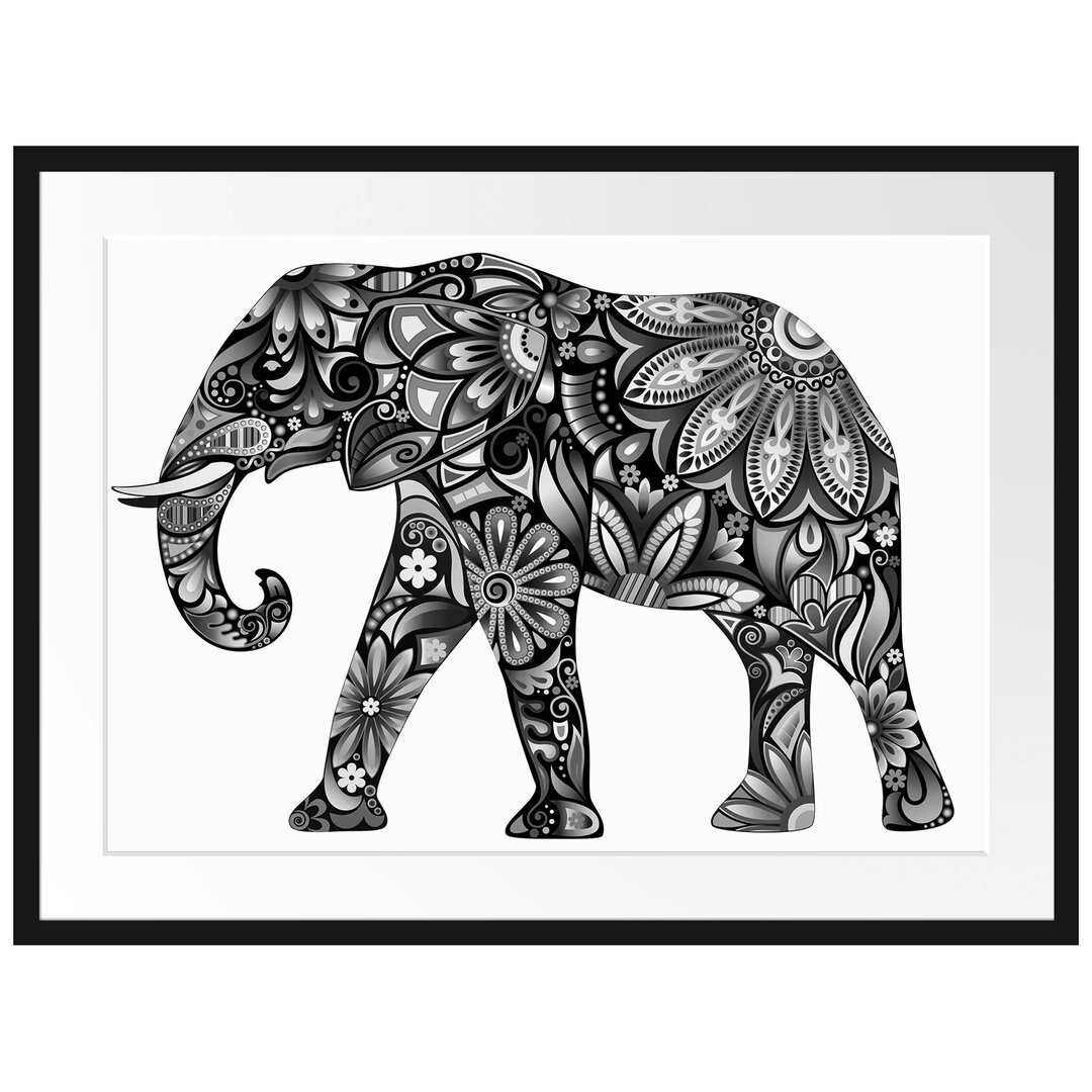 Gerahmtes Poster Elefant mit Ornamenten