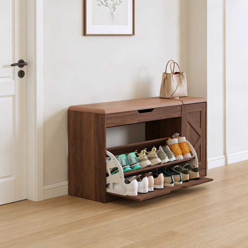 Banc de rangement pour chaussures 37,8 "avec coussin, armoire d'entrée 3 en 1 avec tiroir rabattable, Noyer foncé / brun