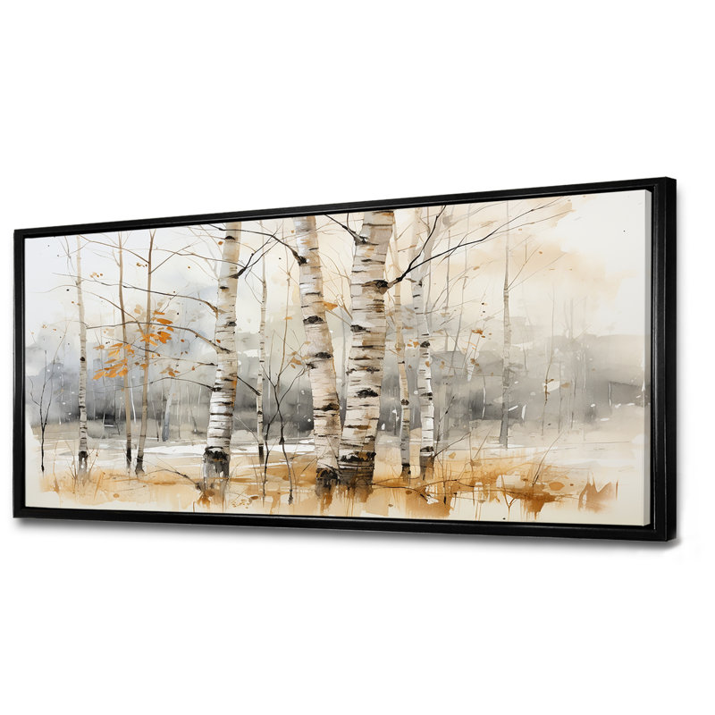 «Winter Birch Wood Forest I - Tree Birch», art mural, Cadre flottant noir, H 28 po x l 60 po x P 1,5 po