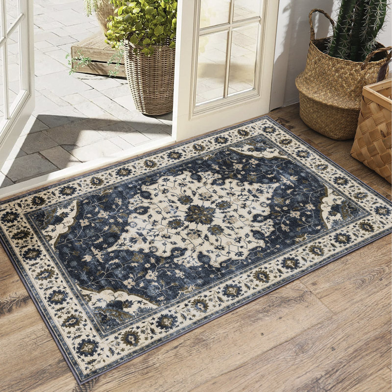 Machine Washable Vintage Oriental Area Rug Non-Slip Backing Navy Blue/Beige/Gold Indoor Carpet for Living Room, Bedroom, Hallway Runner