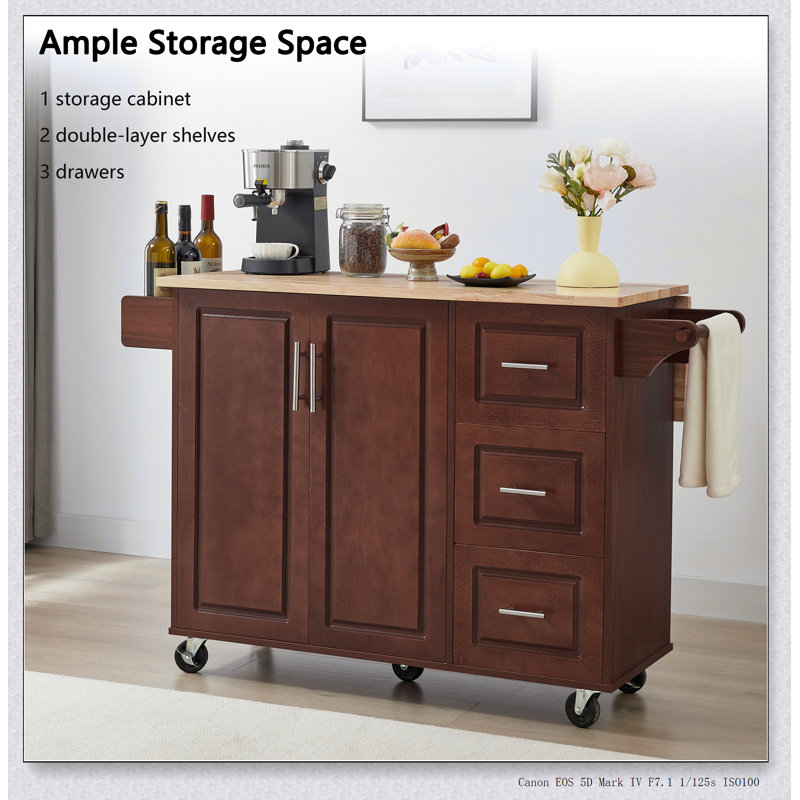 Kitchen Island with Drop Leaf Countertop, Kitchen Island Cart, Barn Door Kitchen Island Table, Brown