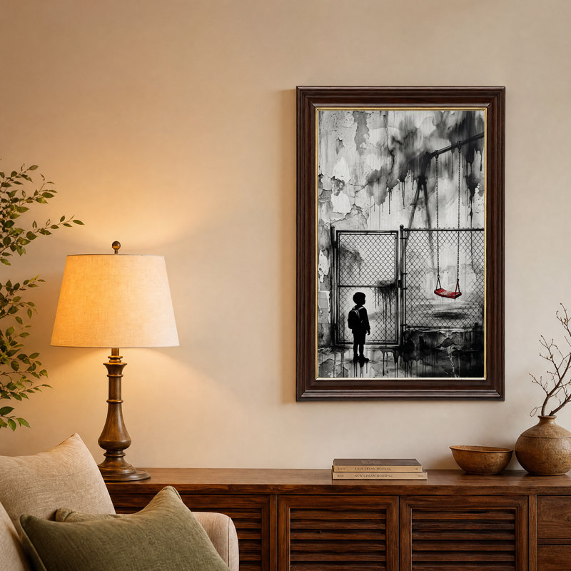 Silhouette d'un garçon avec une balançoire rouge derrière une clôture grillagée, tableau sur toile, H 18 po x l 12 po