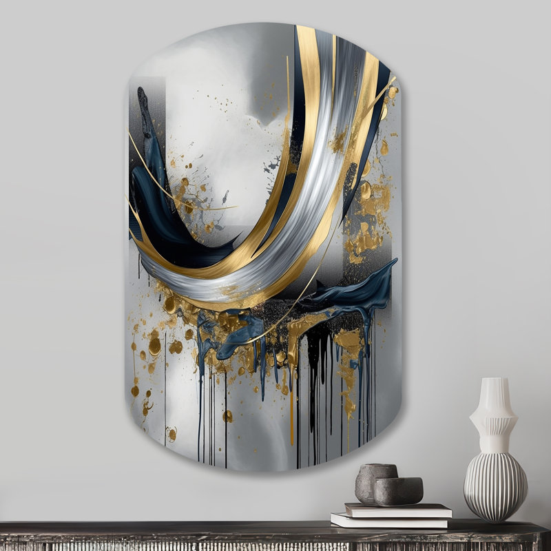 «Shapes And Lines Abstract Marble V», impression sur cylindre cylindrique en métal, décoration murale asymétrique en métal doré