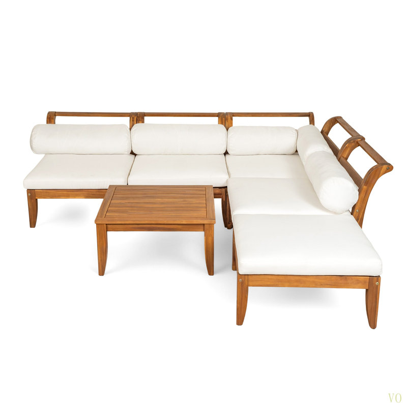 Ensemble de canapé de patio 6 pièces, ensemble de conversation modulaire d'extérieur en bois d'acacia, ensemble de conversation en forme de L, lit de jour convertible avec table à thé, repose-pieds, 5 coussins et coussins