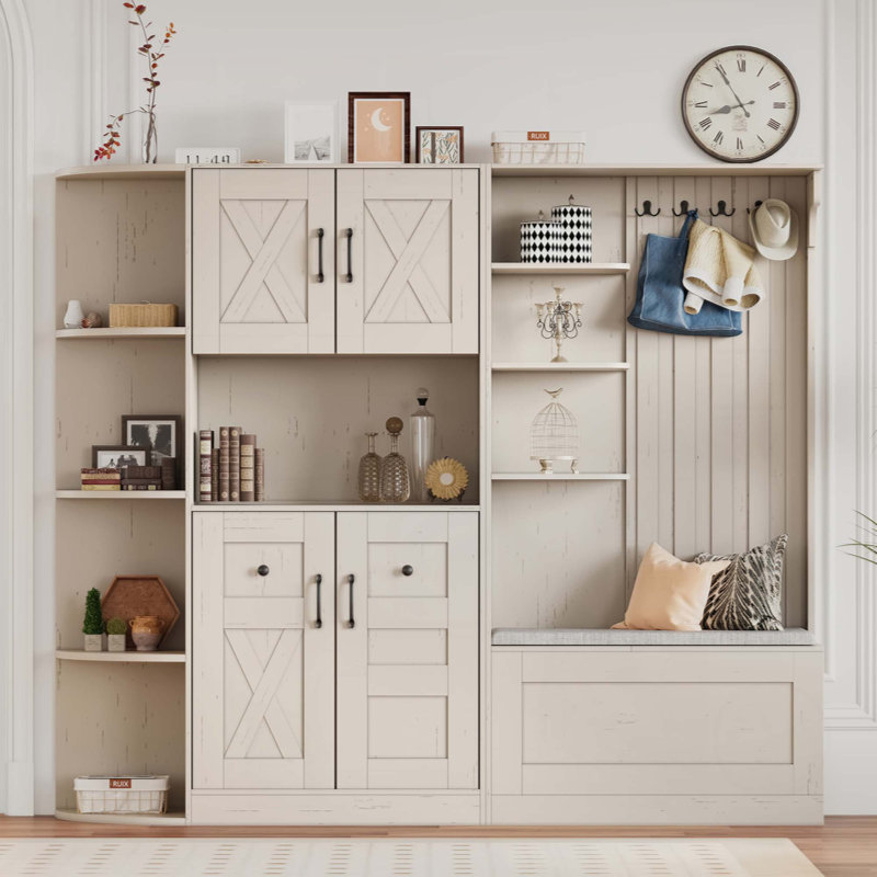 Armoire de vestibule multifonctionnelle gauche-droite (peut être utilisée séparément) avec rangement et 4 crochets, armoire de rangement / arbre d'entrée 2 en 1 pour le salon, la cuisine et le couloir