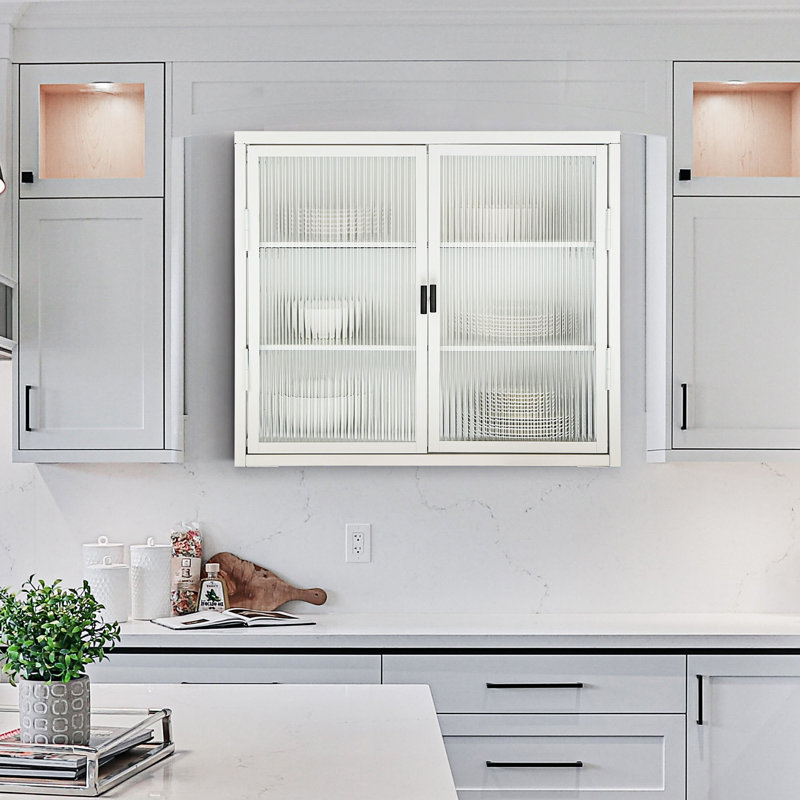 Armoire murale rétro à double porte en verre avec tablettes amovibles, Blanc
