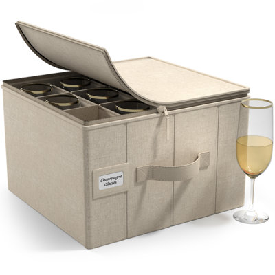 Sorbus China Storage Glass Container Dinnerware Organizer for Chamagne Glasses Storage with Lid (Holds Service for 12) with Felt Protectors – 13" x 10.6" - (1 Piece, Beige)