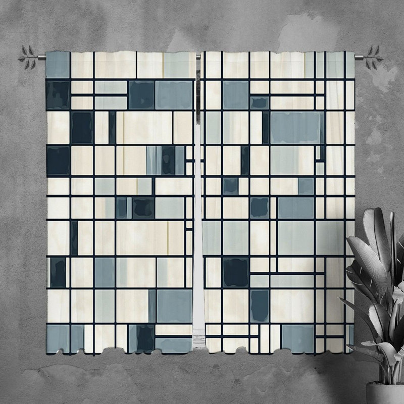 Mondrian Window Curtains Geometric Blue Drapes, H 82 po x l 40 po