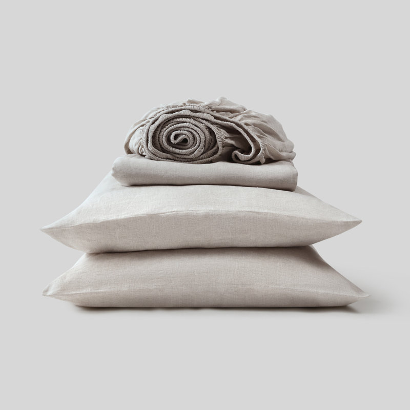 Ensemble de draps 100% lin lavé 4 pièces, Naturel non teint, Ensemble de draps pour très grand lit avec 2 taie