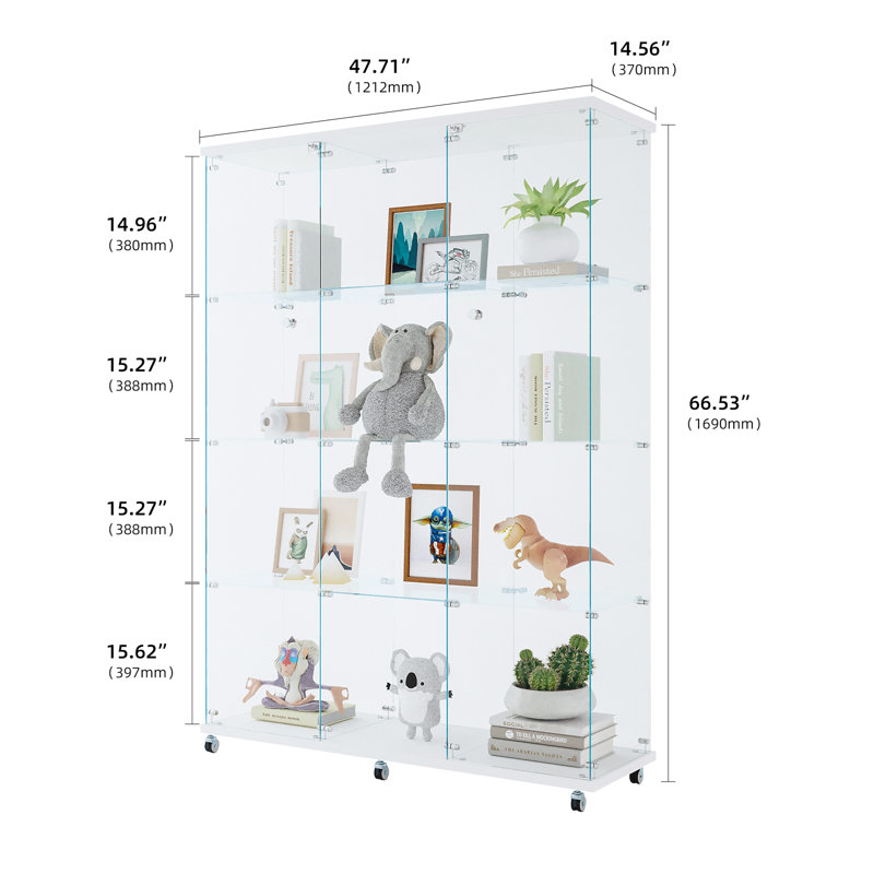 Présentoir à 4 tablettes en verre blanc - solide et spacieux pour livres, œuvres d'art, photos, décorations, support à 4 tablettes