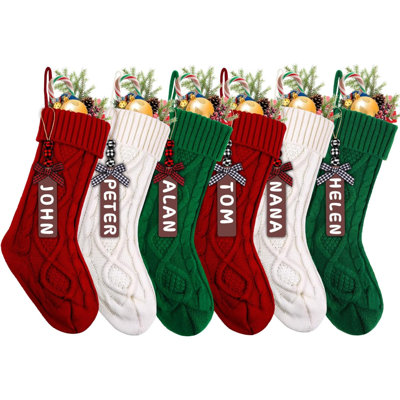 Lot de 6 chaussettes de Noël, 18 pouces, grand bas en tricot torsadé, décorations de bas de Noël personnalisées avec étiquettes pour les fêtes, décoration de fête de Noël en famille (rouge, blanc, vert)