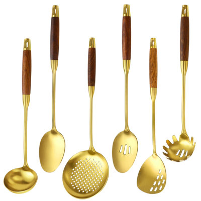 Professional 6-Piece Stainless Steel Kitchen Utensils Set With Wood Handle - Spatula, Spoon, Ladle, Skimmer, Slotted Spoon, Pasta Server For Cooking And Serving