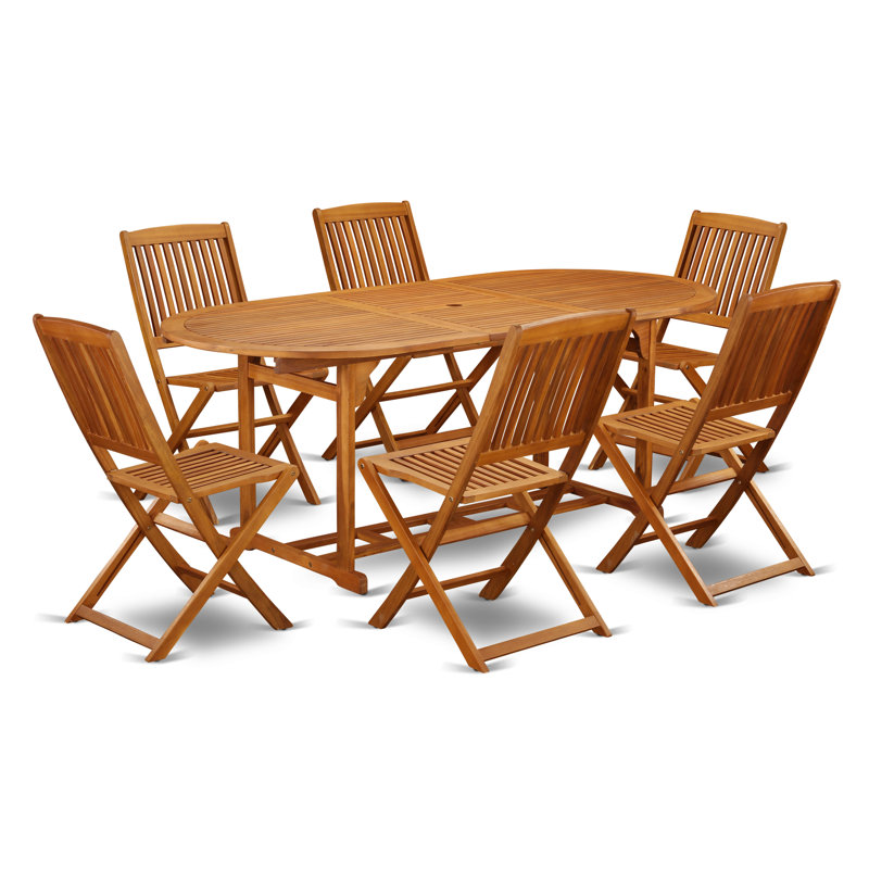7 Piece Patio Dining Set Consist of an Oval Outdoor Acacia Wood Table and 6 Folding Side Chairs, Natural Oil