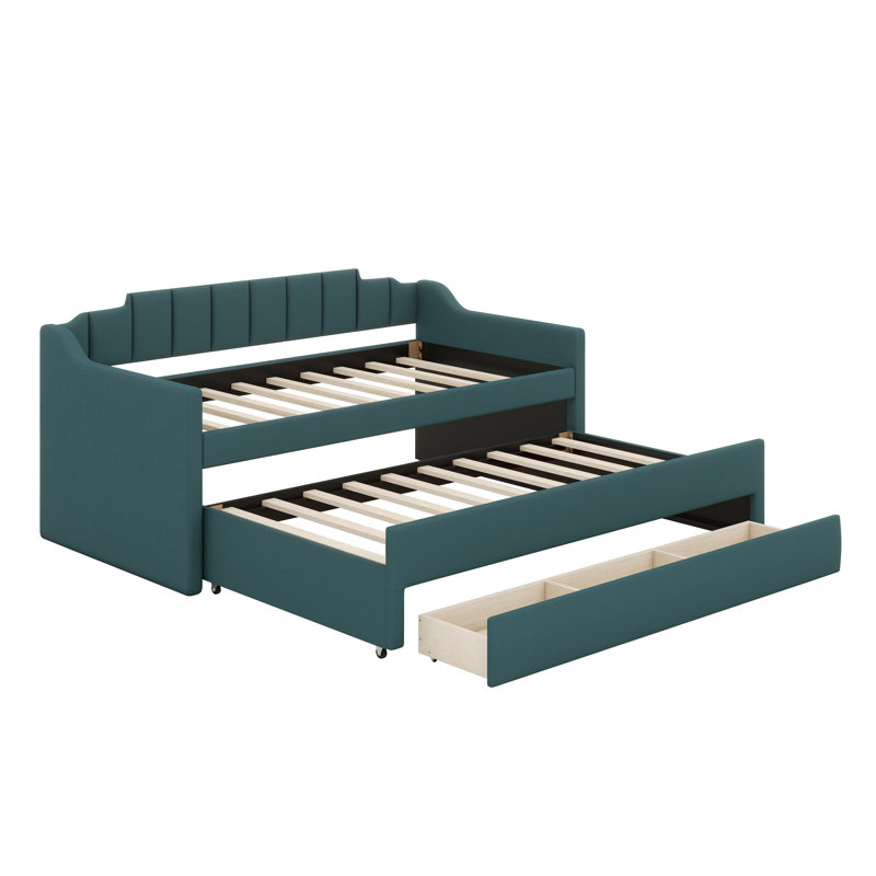 Lit de jour simple rembourré avec lit gigogne et trois tiroirs, canapé-lit, base de lit en bois avec accoudoirs inclinés, aucun sommier nécessaire