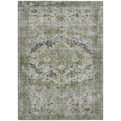 Tapis intérieur/extérieur lavable, 90 x 150 cm, motif floral vert artichaut, gris et argent.