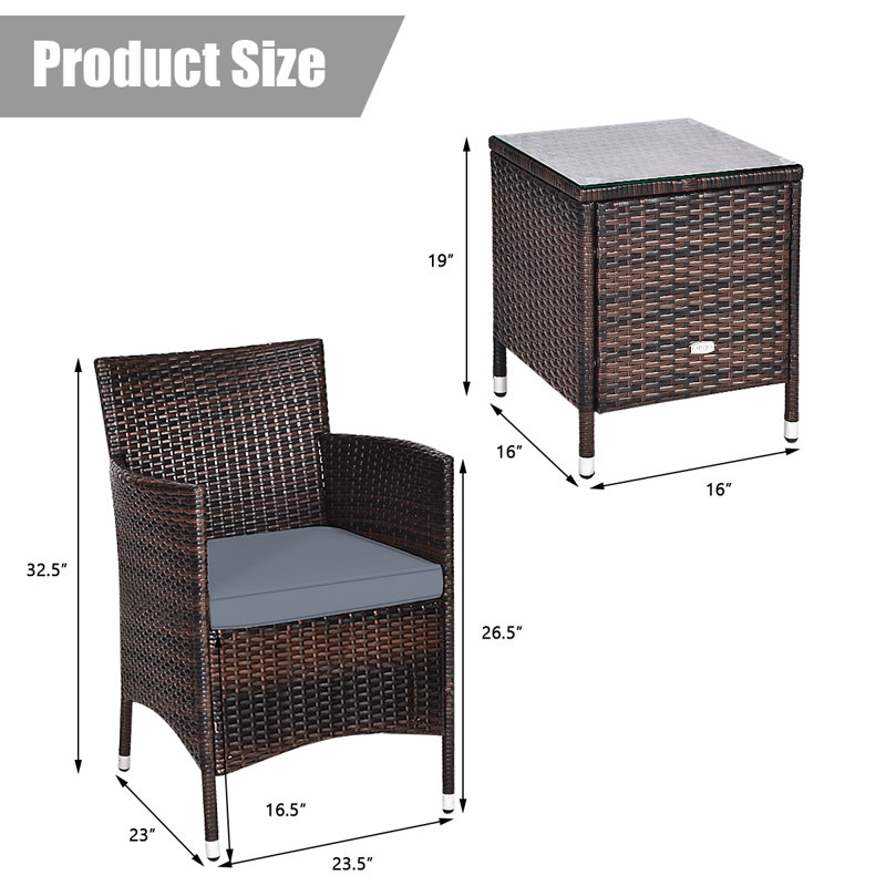 Ailith 3 Piece Rattan Seating Group with Cushions, Patio Conversation Set, Gray