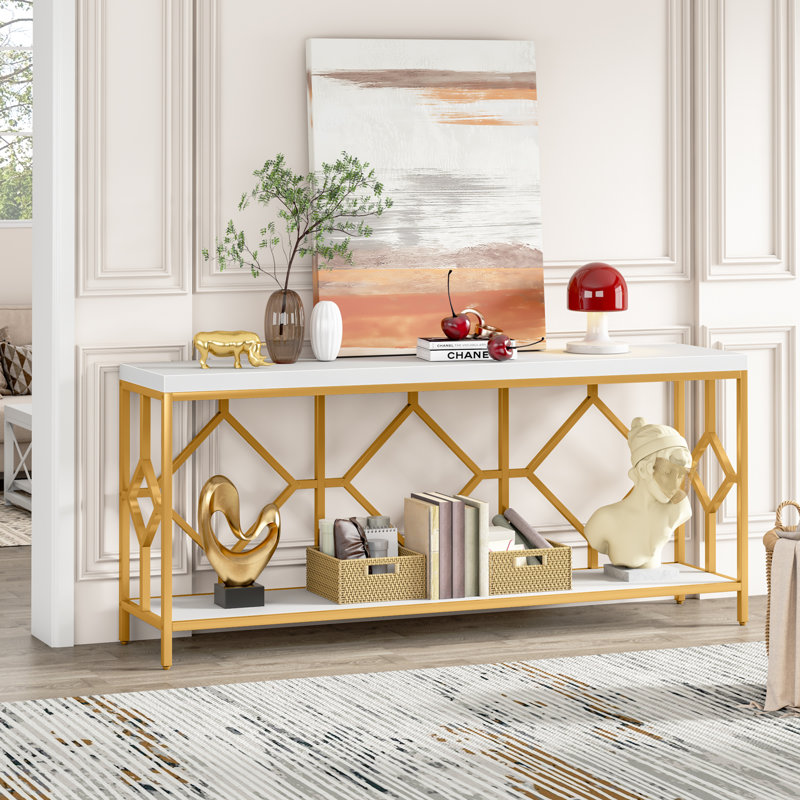70.86'' Extra Long Entryway Accent Table, 2 Tier Console Sofa Tables, White/Gold