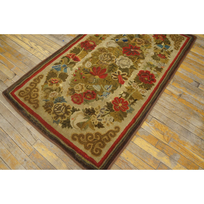 Antique Floral Medallion Wool &amp; Cotton Hooked - Loop Pile Ivory Beige Cream White 1880s Rug