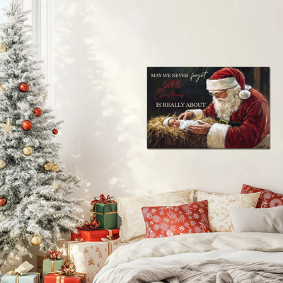 Grande art de la toile de crèche de Noël, peinture du Père Noël et de l'enfant Jésus, impressions sur toile de Noël, affiche de la Foi pour le salon, décoration murale de l'église, naissance de Jésus, œuvre d'art prête à être suspendue, 32 po x 48 po