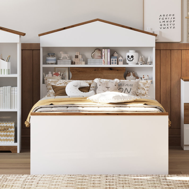 Twin Size House-Shaped Wooden Bed with Storage Shelf on the Headboard, Built-in Two Storage Drawers, Brown