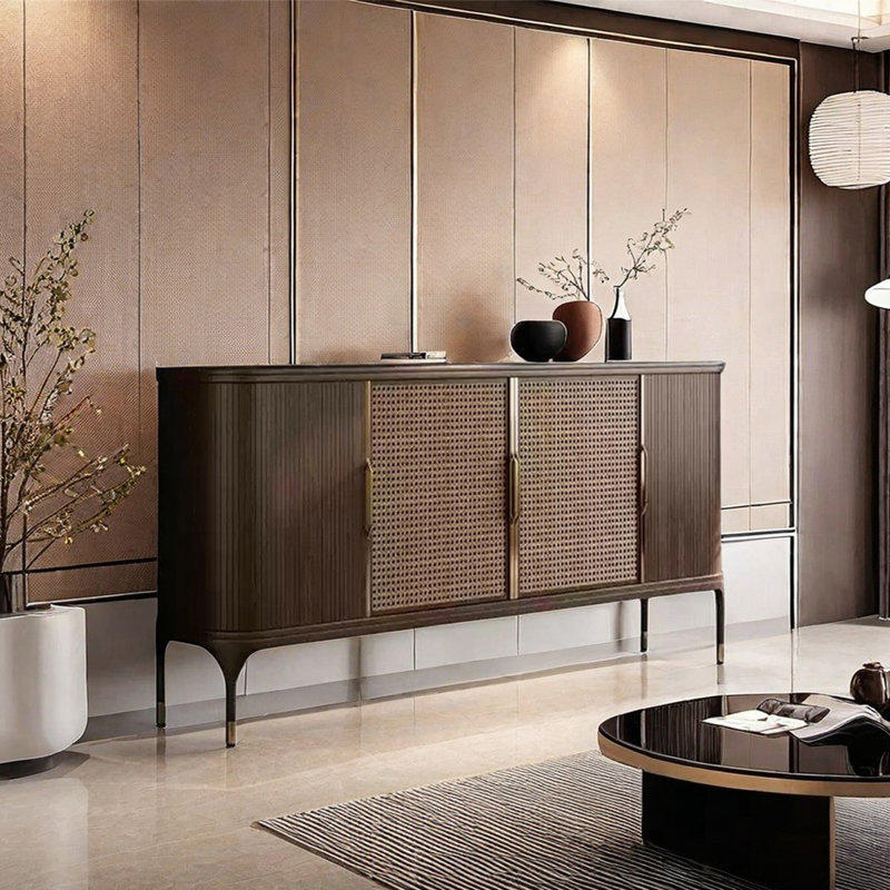 Buffet rétro avec portes en rotin, Brun