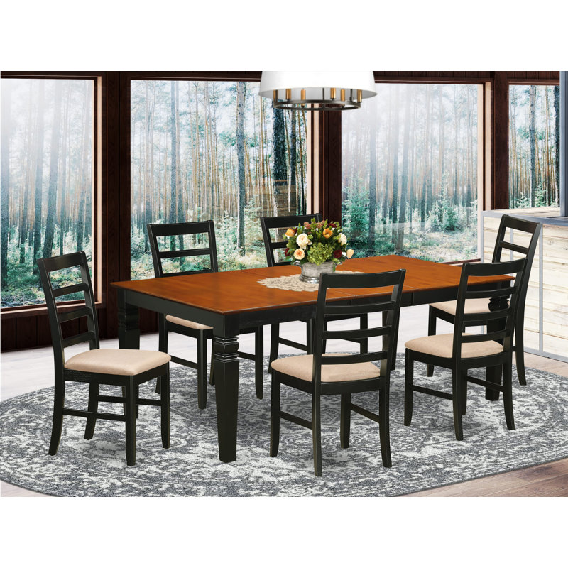 7 Piece Kitchen Table & Chairs Set Consist of a Rectangle Wooden Table with Butterfly Leaf and 6 Linen Fabric Dining Chairs, Black & Cherry