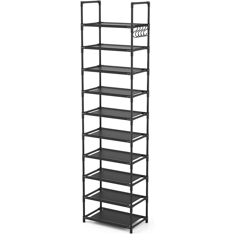 Étagère à chaussures 10 étages pour 20 à 20 paires de rangement pour chaussures, étagère à chaussures étroite et robuste pour vestibule, placards avec crochets, noir