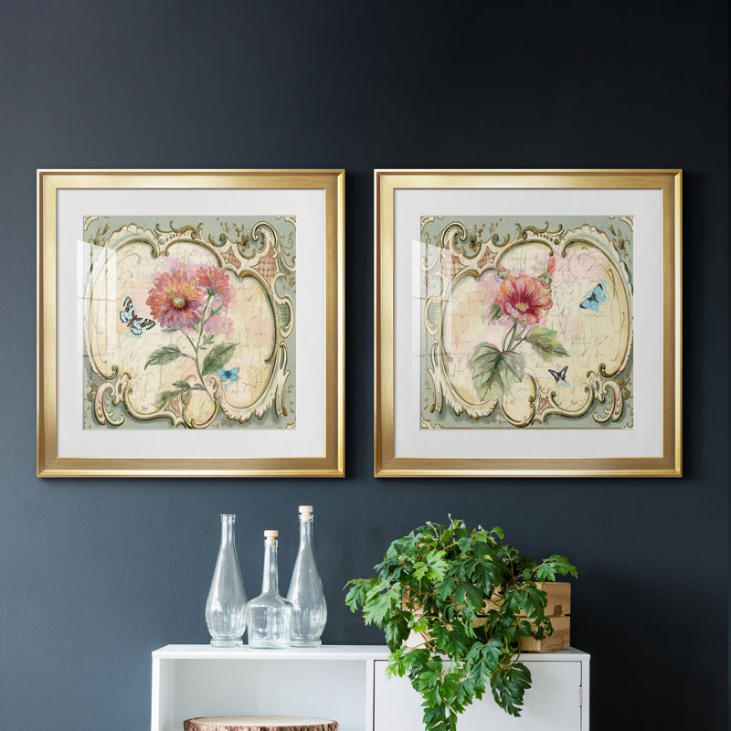 «Classical Flower III», ensemble de 2 reproductions d'art encadrées, H 17,5 po x l 35 po x P 1,5 po, Papier encadré doré