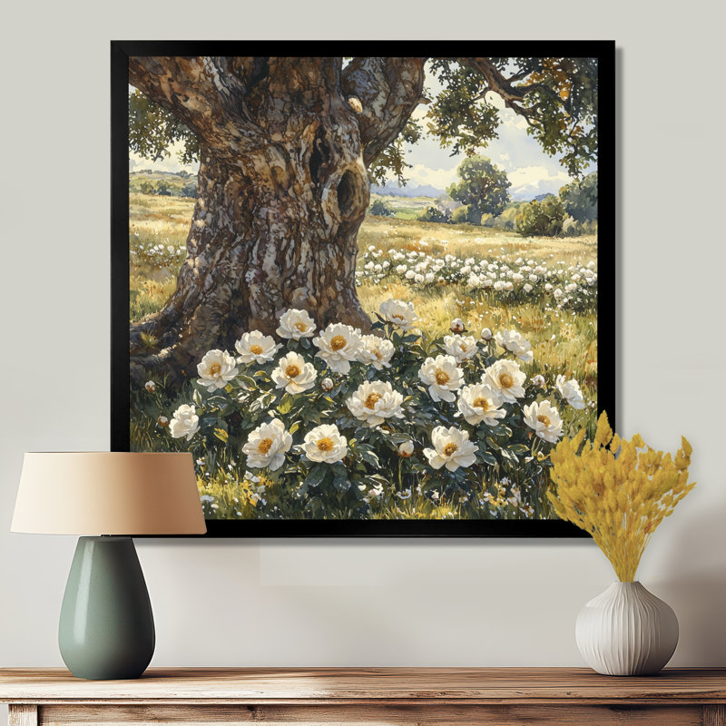 Pivoines près du vieux chêne II - pivoines, art mural, Reproduction encadrée d'une seule photo, Noir, noir, noir, noir