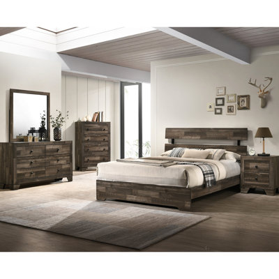 Queen Platform Bed In Rustic Contemporary Style, Brown Finish, Low - Profile Frame, Solid Wood, One Box Solution For Size, Bedroom Package