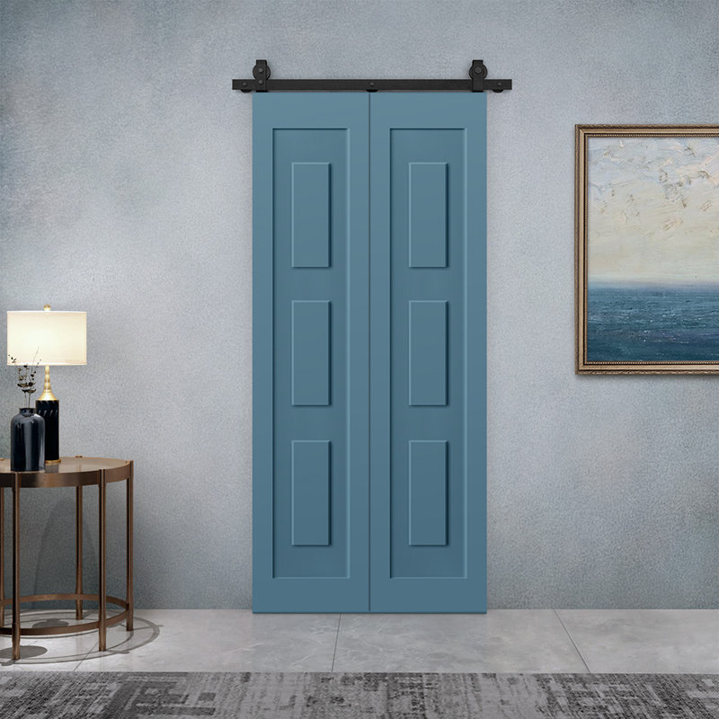 3 Panel Shaker Composite Bi-Fold Door with Sliding Barn Door Hardware Kit, 28" x 80", Dignity Blue