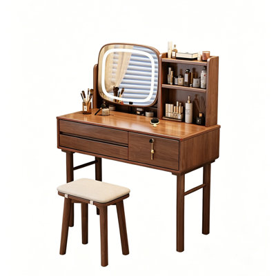 Coiffeuse 39,37 "en bois massif brun simple avec miroir de maquillage