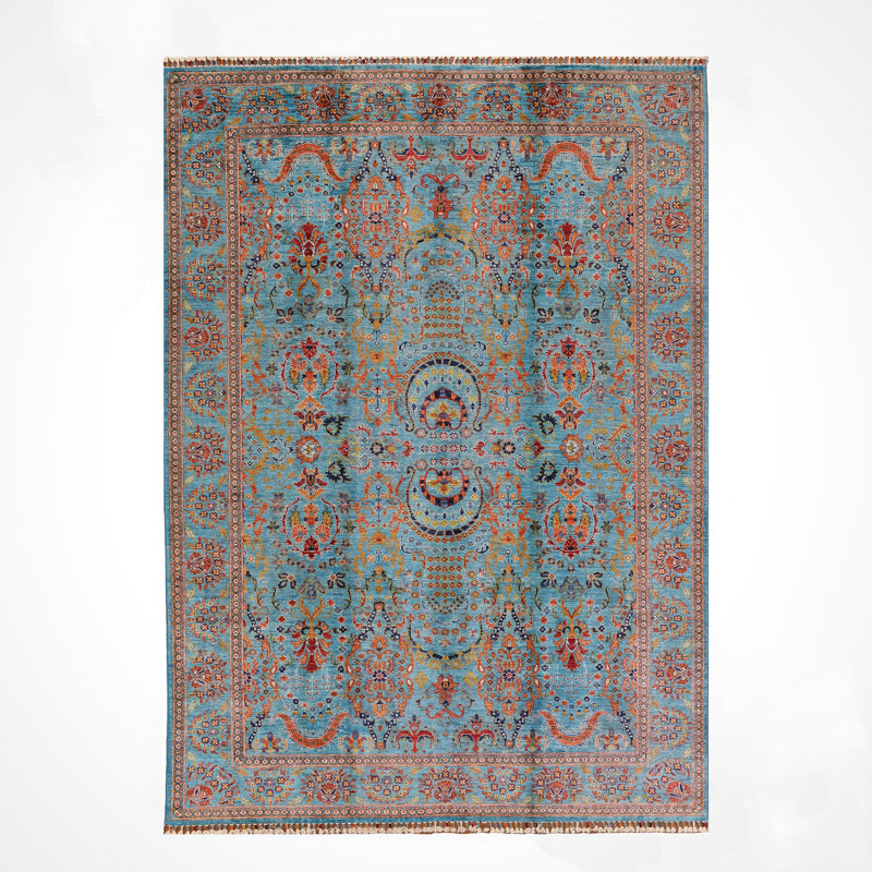 Original Hand Knotted Traditional Pattern Teal Wool and Cotton Rug