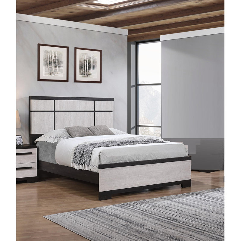 Grand lit à panneau contemporain avec tête de lit à panneau pour un décor moderne et rustique, Crème / ébène