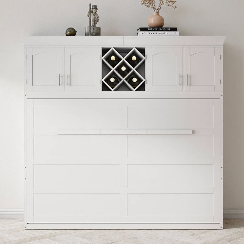 Grand lit escamotable gris avec armoires supérieures et porte-bouteilles - Solution murale peu encombrante, Blanc