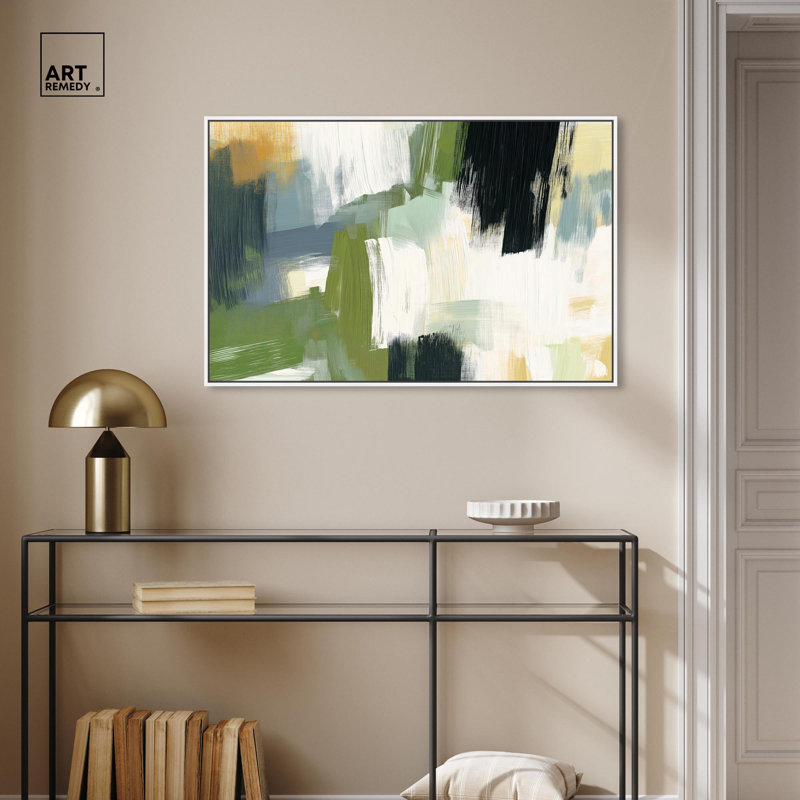 Art Remedy, bloc de couleurs abstrait sur toile texturée, verts I, H 25 po x l 37 po, Cadre flottant blanc