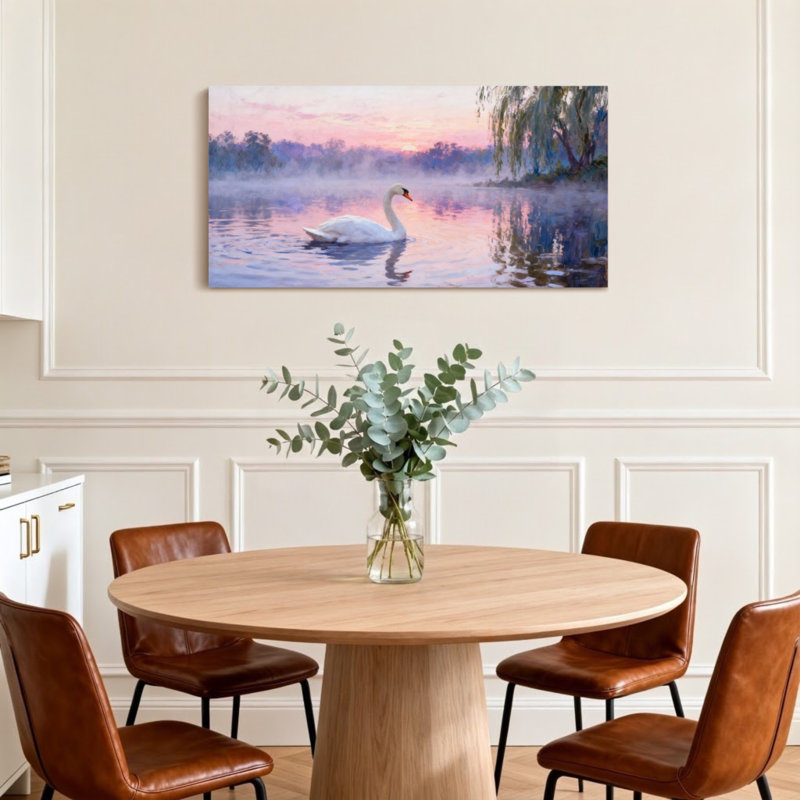 Animaux cygne sur un lac au coucher du soleil avec des arbres, H 28 po x l 58 po