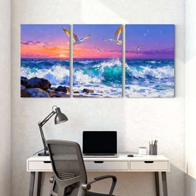 Abstrait océan vagues coucher de soleil mouettes ciel roches plage ensemble de 3 impressions d'art sur toile