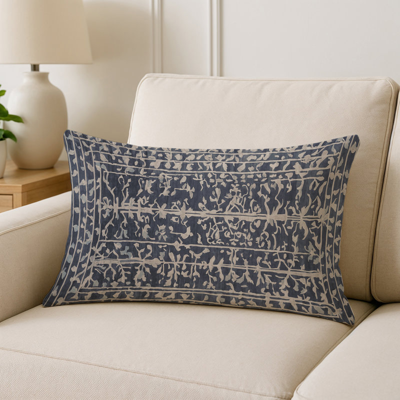 Coussin décoratif intérieur et extérieur Modern, Bleu marine / ivoire / beige floral 1, Rectangle H 20 po x l 14 po