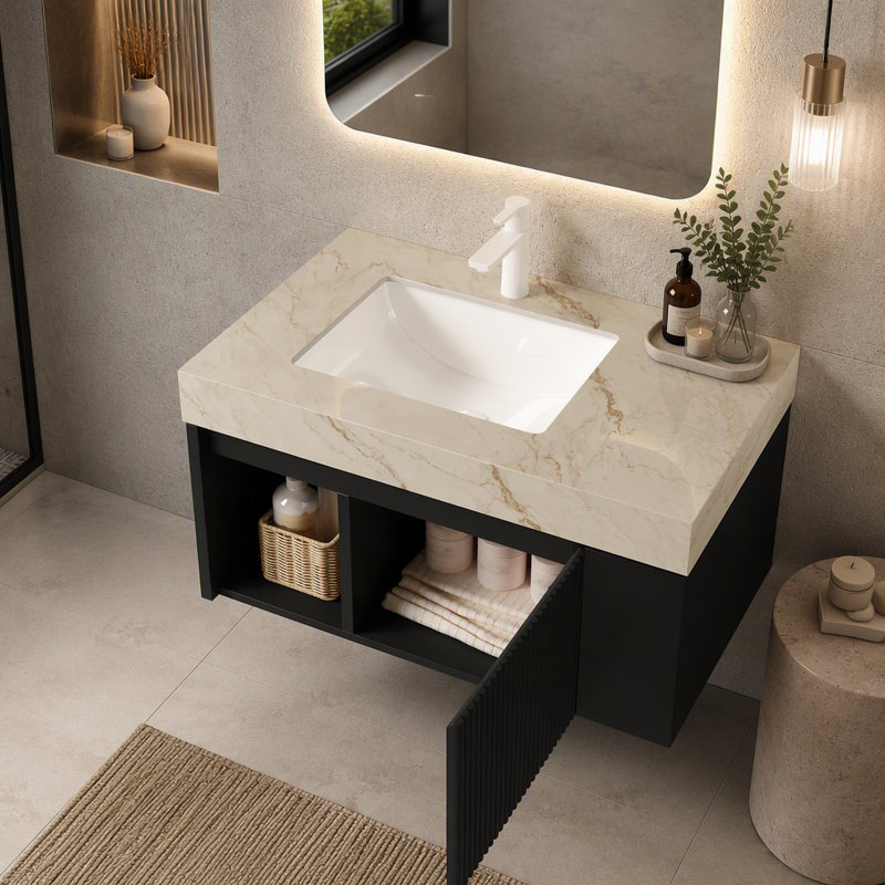 Meuble-lavabo suspendu de 61 cm (24 po) avec comptoir en pierre frittée couleur crème veinée or, lavabo en céramique et un trou pré-percé pour robinetterie.