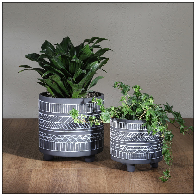 S/2  TRIBAL LOOK FOOTED PLANTER 6/8", BLACK