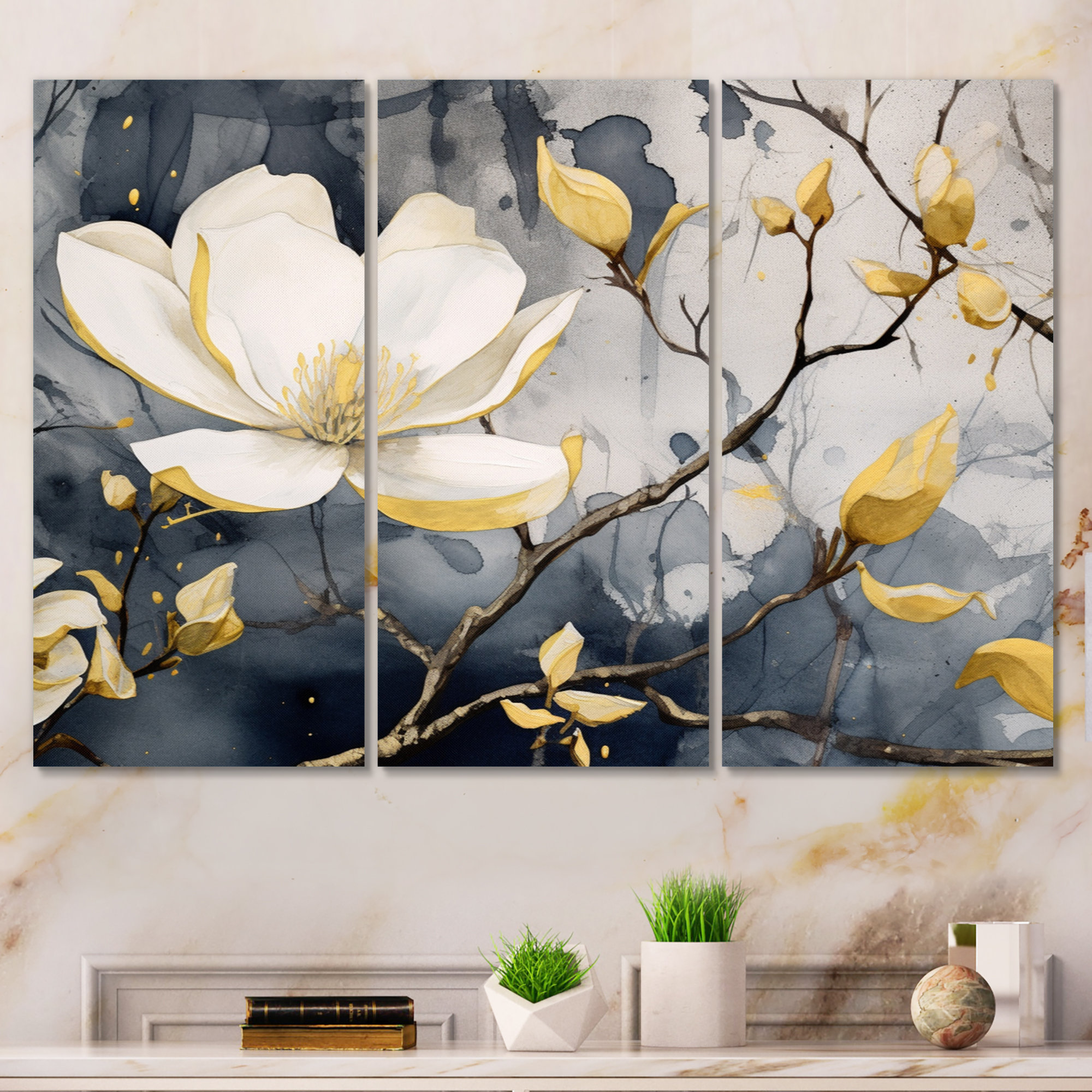 DesignArt Yellow Grey Magnolias Nature Elegance III Magnolias Metal Wall Art Living Room Set