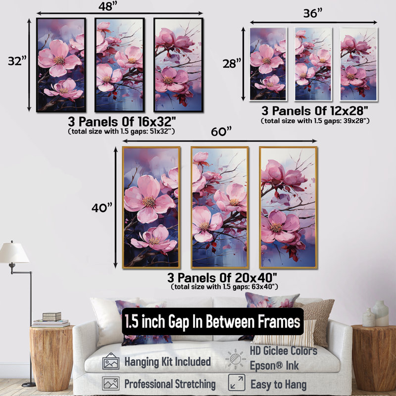 Dogwood Blossoms In Amethyst Hues - ensemble d'art mural cornouiller, Cadre flottant blanc, H 28 po x l 36 po x P 1 po