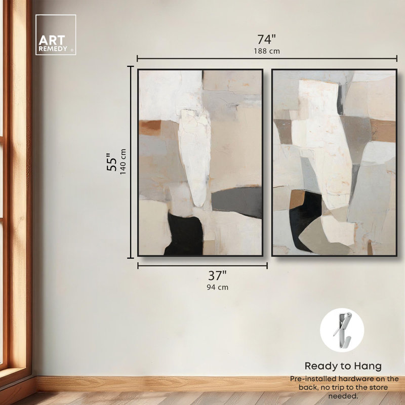 "Antique Wall", reproduction d'art sur toile, ensemble d'art bohème neutre par Art Remedy, cadre noir, 36 x 54, 55" H x 37" W