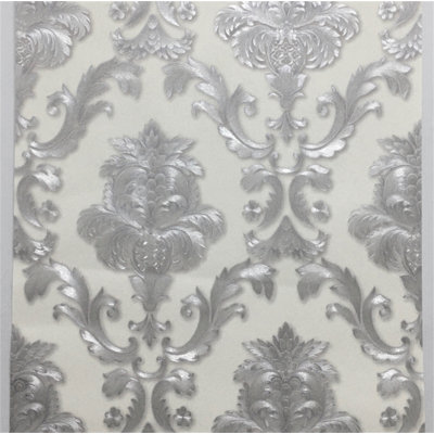 Textured European-Style Embossed Wallpaper - White And Silver Damask For Bedroom And Living Room