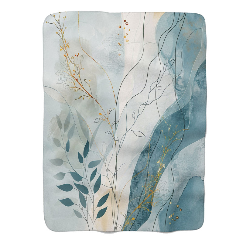 Motifs floraux bleus et dorés - couverture Sherpa de qualité supérieure 1 pièce, Grand lit
