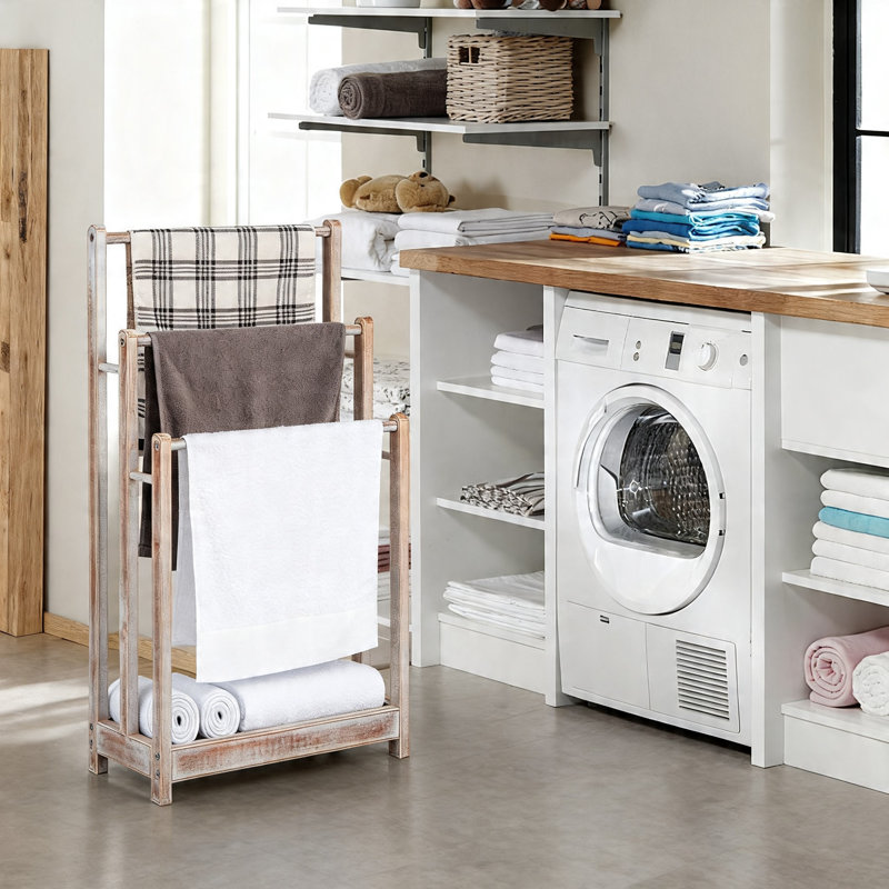 Porte-serviettes sur pied, support en bois avec tablette de rangement, 3 niveaux (brun clair)