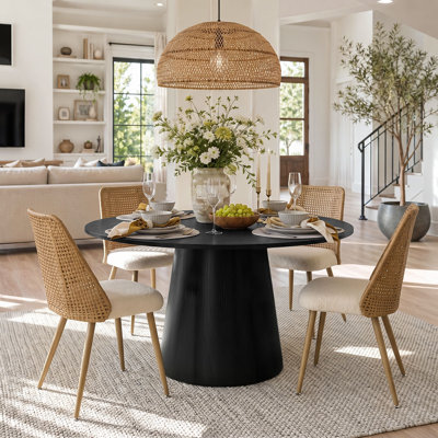 4 - Person Dining Table Sets With Solid Wood Round Table & 4 Upholstered Boucle Chairs