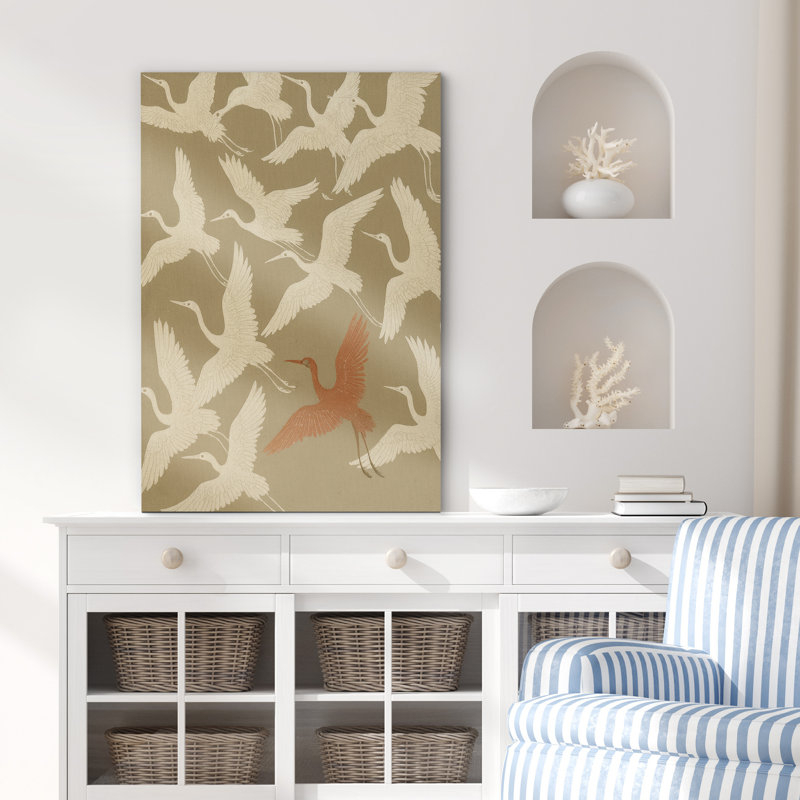 «Flying Cranes Group with Accent Bird Art», reproduction d'art sur toile encadrée, H 36 po x l 24 po x P 1,5 po, Toile tendue